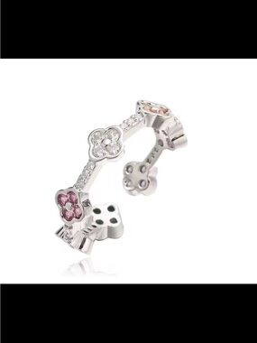 Silver Floral Pink & Clear Crystal Open Band Ring